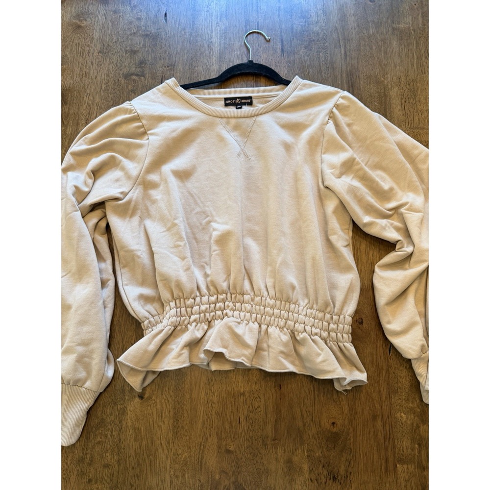 Almost Famous Beige Knit Crew Neck Long Sleeve Smocked Ruffle Hem Sweatshirt XL